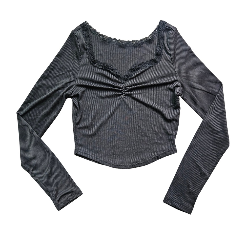 Black Ribbed Long Sleeve Crop Top Sweetheart Lace Trim Ruched Bust Small